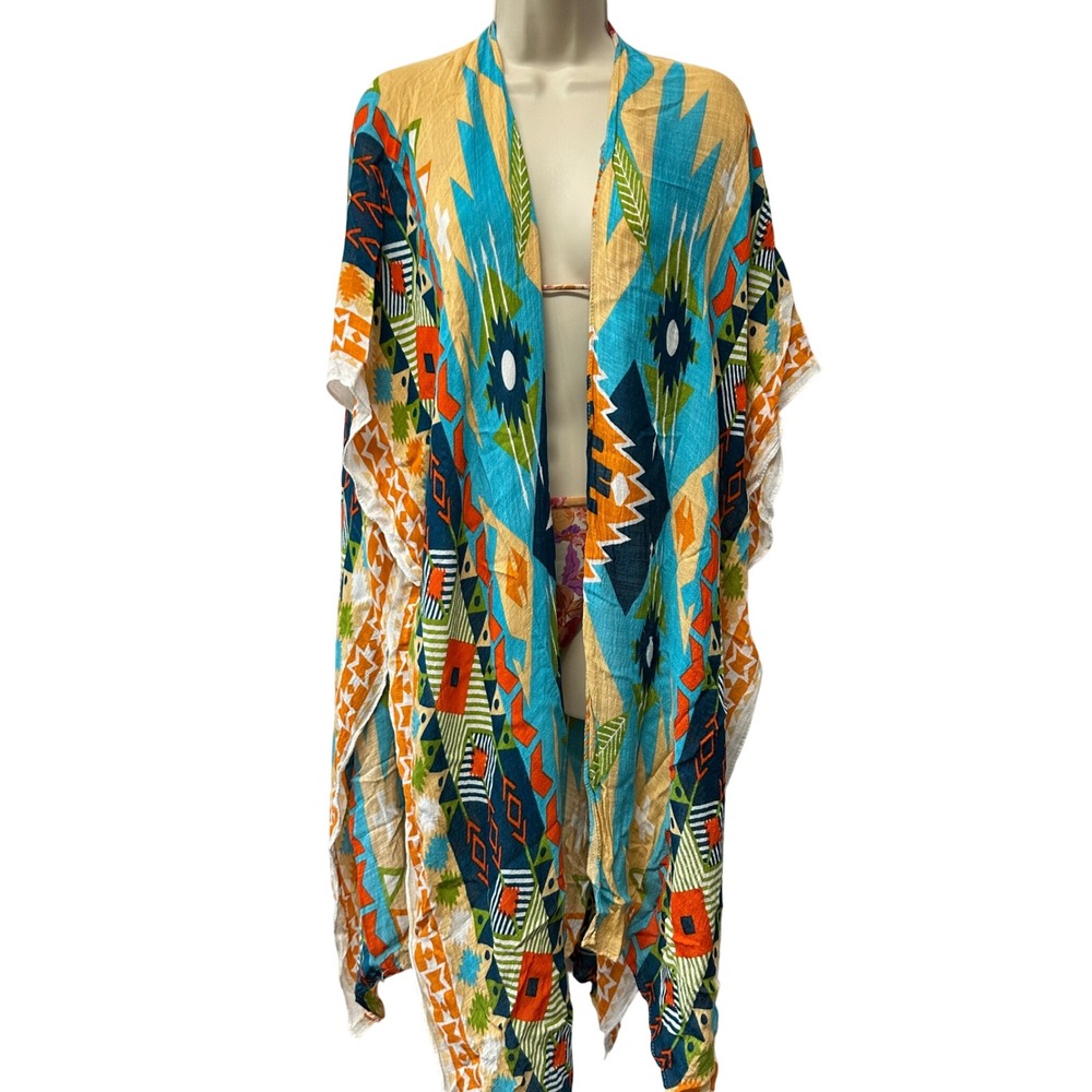 Southwestern Geometric Print Kimono Turquoise Orange Open Front Wrap Cover Up